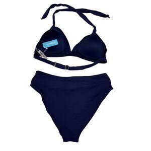 Yonique, bathing suits Sz Large navy blue halter neck tie two piece swimsuit NWT